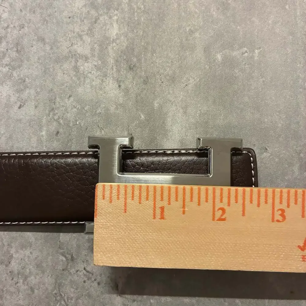 Classic Luxury 32mm H Silver Metal Buckle Chocolate Brown Leather Belt 40-44